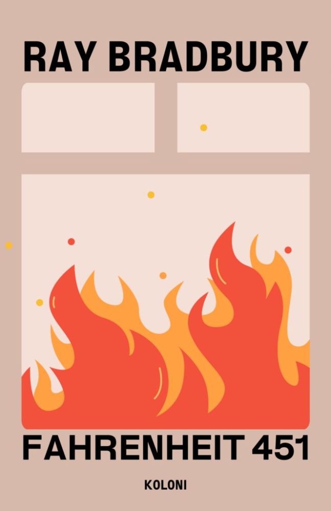 Forside til Fahrenheit 451. Stiliserede flammer i vindue.