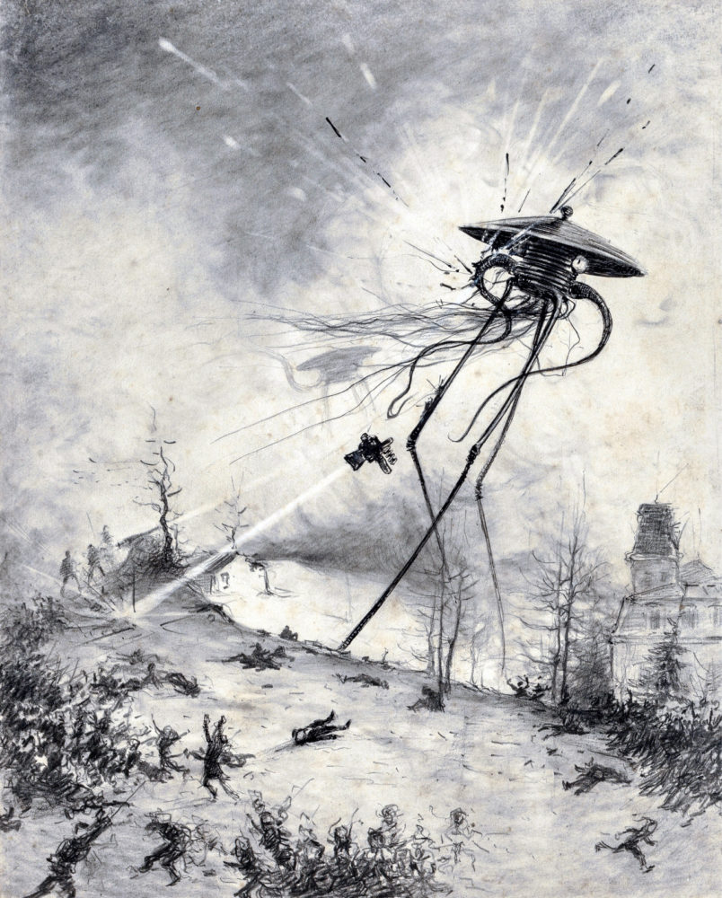 Henrique Alvim Correa-illustration fra Klodernes kamp. En af marsboernes tripoder bliver ramt af kanonild.